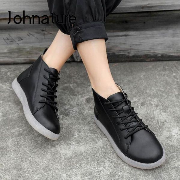 

boots johnature ankle women lace-up ladies shoes genuine leather 2021 autumn leisure flat with sewing concise platform, Black