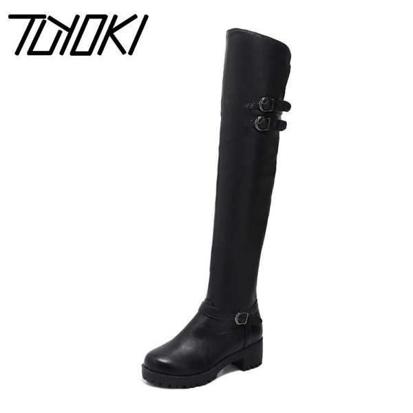 

boots tuyoki over the knee women zipper round toe flats shoes simple solid color buckle winter footwear size 33-43, Black