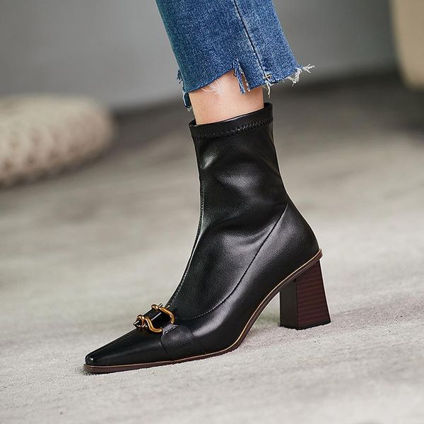 

boots square toe metal trim thin boot thick high heel stretch low single, Black