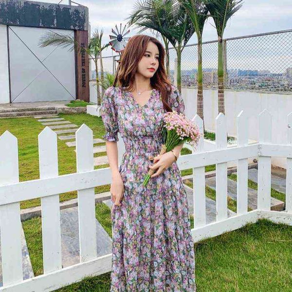 

luxury dress summer sweet purple short sleeve v-neck temperament aging broken flower big swing dresses, Black;gray