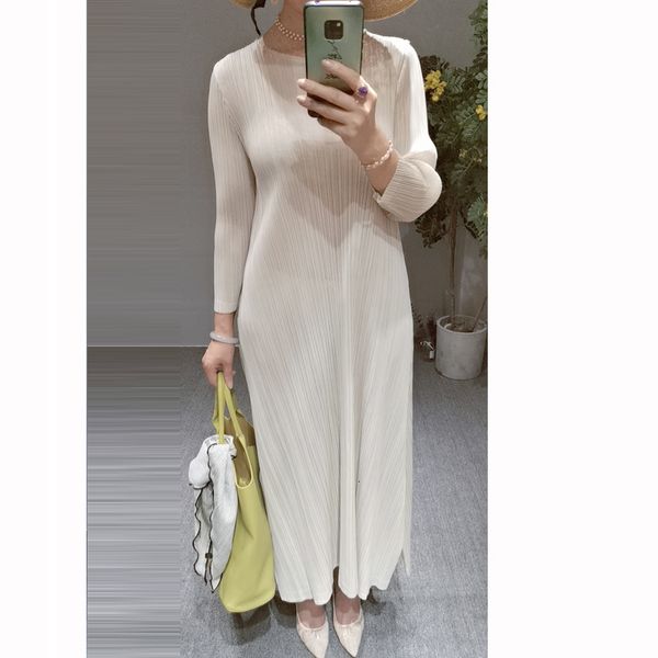 

dress miyake elegant fashion fold long-sleeve solid o-neck split long, Black;gray