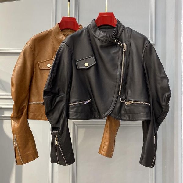 

women's leather & faux women real sheepskin short motorcycle jacket zipper female genuine coat spring autumn style outwear slim, Black