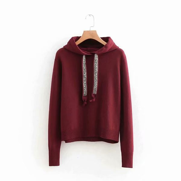 

evfer women autumn fashion diamond drawstring solid knitted hoodies female casual long sleeve high elastic knitwear hooded 210421, Black