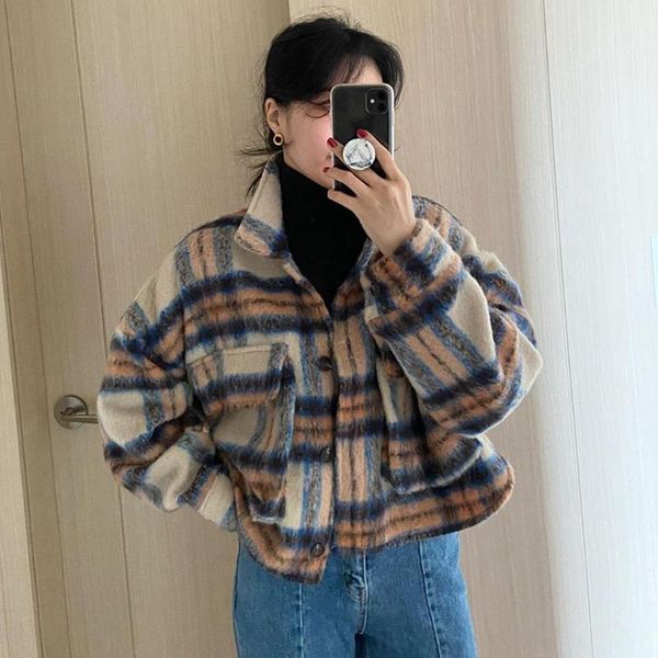 

fashion women check lapel collar long sleeve patch pockets korean chic short plaid jacket oversize vintage casual coat women's jackets, Black;brown