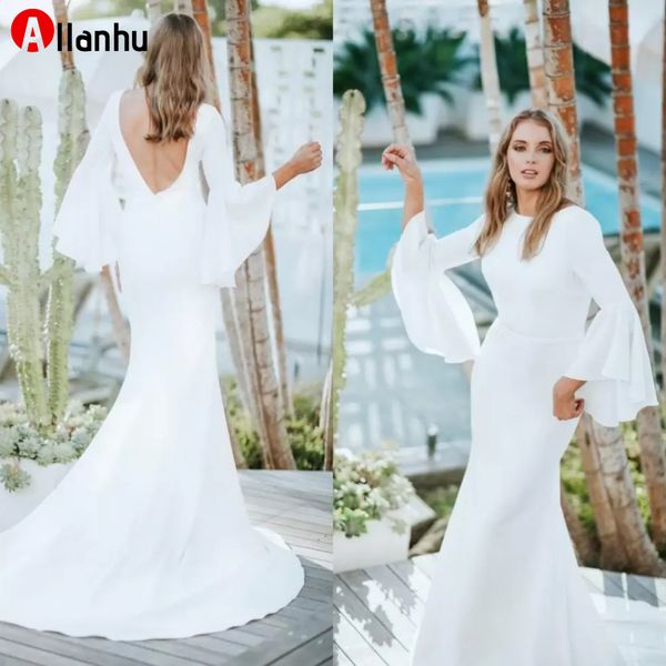

2022 elegant simple crepe mermaid wedding dresses with flare sleeves scoop neck v back garden informal modest country style bridal gowns, White