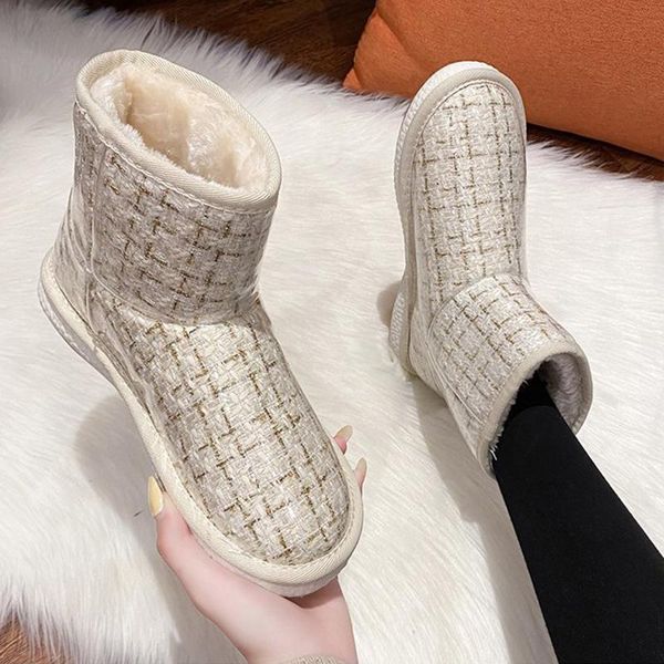

boots rimocy fashion gingham mix color snow winter thicken warm plush women simple match all white cotton shoes, Black
