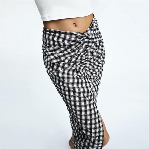 

za summer girls folds arrival womens skirt high waist casual straight plaid printed female long bow, Black