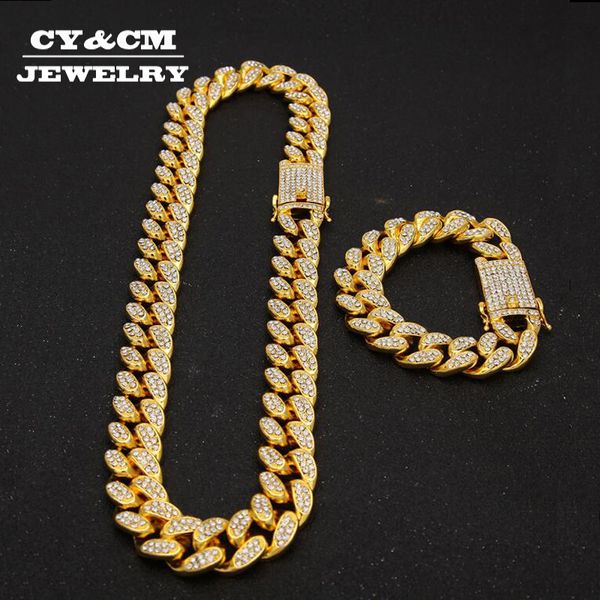 

hip hop necklaces iced out crystal rhinestone miami cuban chain gold silver color zircon necklace bracelet set for mens women
