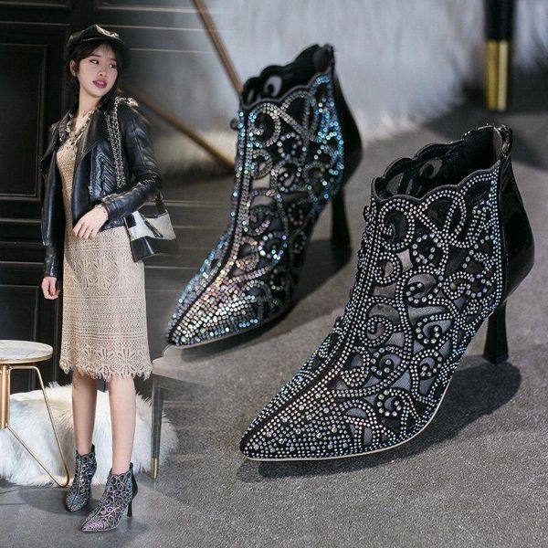 

boots fashion sandals women's 2021 spring and summer diamond mesh hollow thin heel high, Black
