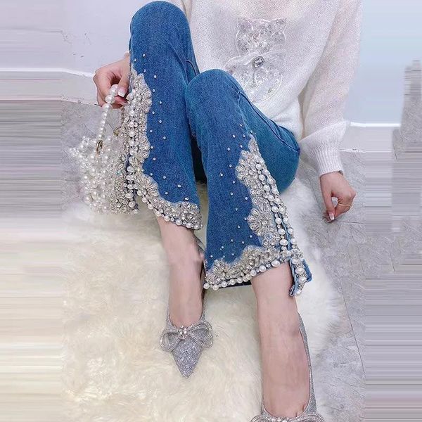 

women's jeans 2021 autumn fashion bright diamond nail bead split flared elastic slim high waist denim pants biker women, Blue
