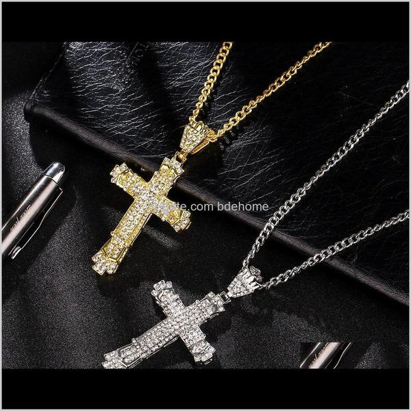 

necklaces pendants jewelry drop delivery 2021 retro chram cross pendant diamond women mens hip hop necklace with long cuban chain sier and, Silver