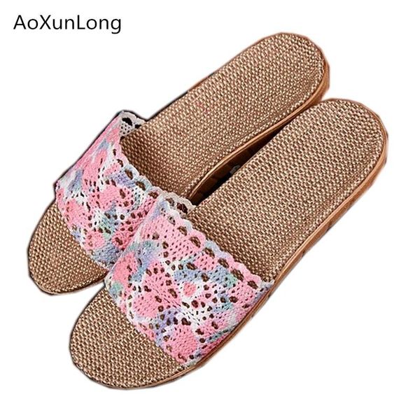 

slippers women openwork linen fashion floral home slides non-slip indoor eu 35-40 size lace flower house, Black