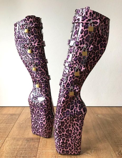 

pink leopard ballet heels boots lockable mid calf women lace up dominatrix fetish tiptoe shoes, Black