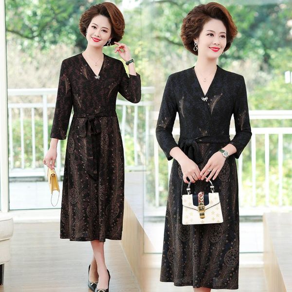 

middle-aged women dress wedding spring autumn nine sleeve casual plus size v-neck midi vestidos female robes xq567 dresses, Black;gray