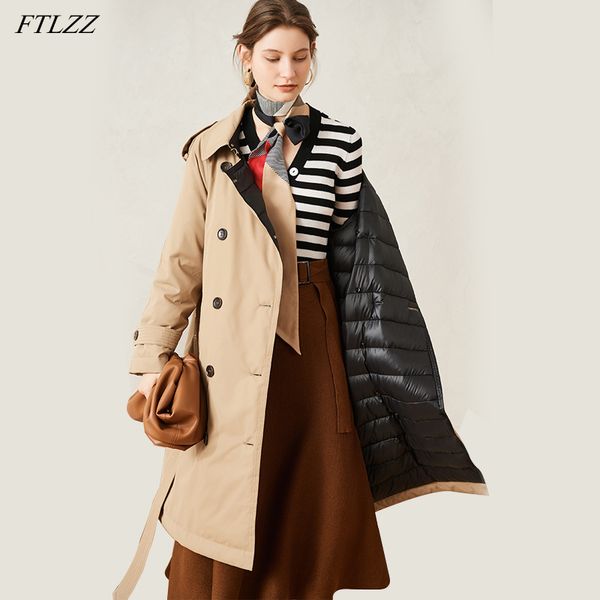 

winter 90% white duck down jacket coat elegant female double breasted belt feather parka windbreaker 210423, Black
