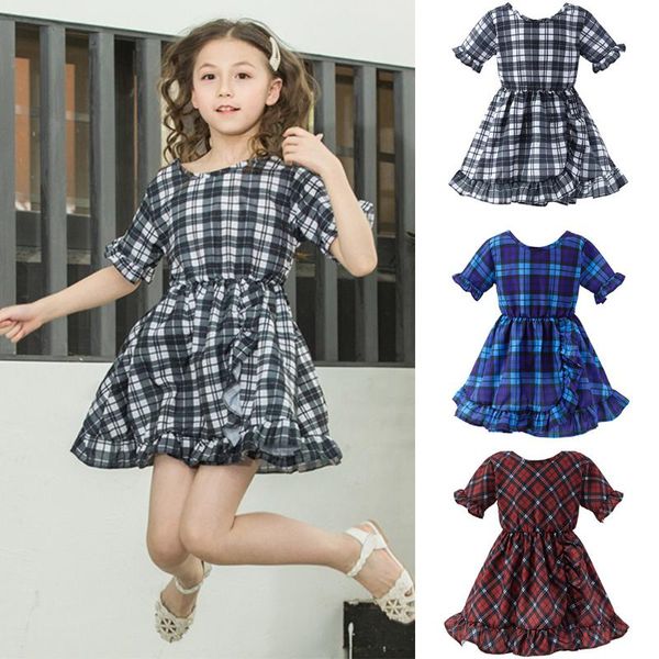 

girl's dresses princess casual toddler baby kid girl dress ruffles ruched plaid short sleeve clothes sundress for girls, Red;yellow