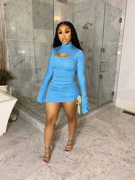 

casual dresses dpsde 2021 fashion women holiday style short dress long sleeve high collar pure color hollow out mini, Black;gray