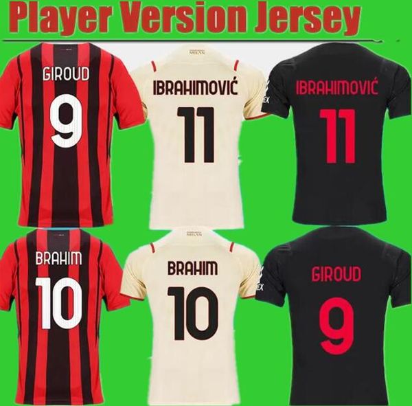 

2021 2022 player version 3rd black soccer jersey #11 ibrahimovic #9 giroud home red black 21/22 away soccer shirt #13 romagnoli #10 brahim f, Black;yellow