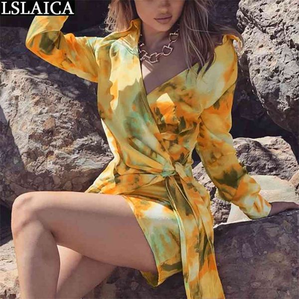 

tie dye dress long sleeve criss-cross bandage fashion bodycon v-neck mini beach holiday boho robe femme 210515, Black;gray