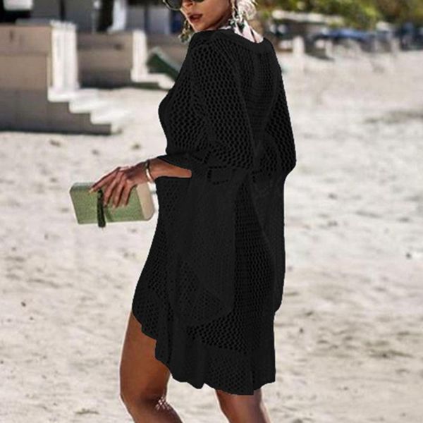 

beach cover up crochet knitted tassel tie beachwear tunic long pareos summer swimsuit see-through casual dresses, Black;gray