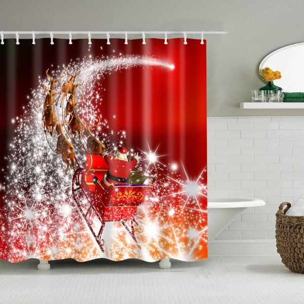 

red christmas series shower curtain galaxy sleigh bath accessories with 12 hooks waterproof fabric bathroom xmas decoration curtains