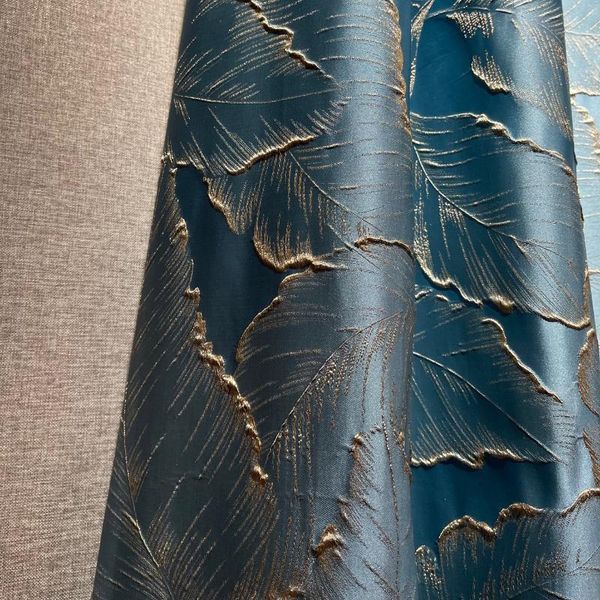 

curtain & drapes 2021 blue embossed three-dimensional gold silk leaf modern light luxury living room bedroom blackout satin