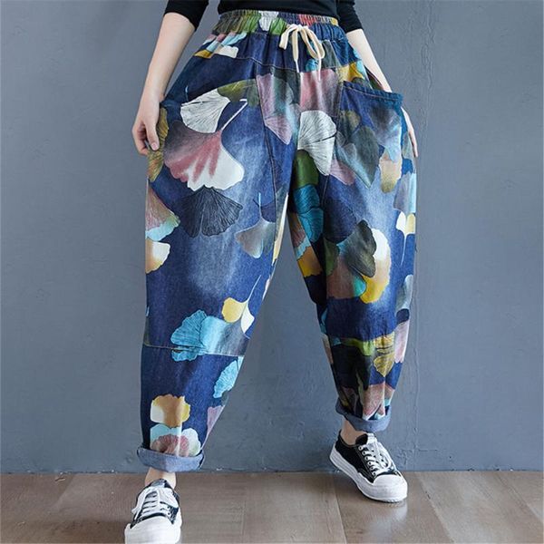 

women's pants & capris women denim sarouel blue floral wide leg harajuku fashion drawstring cropped trousers korean harem, Black;white
