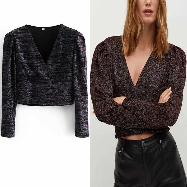 

za cropped sparkled women long puff sleeve v neck vintage blouse female fashion inner lining pleated short shirts 210602, White