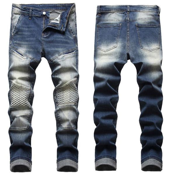

men's jeans style european and american slim straight zipper folds trousers, Blue