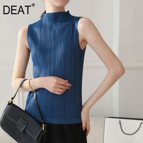 

women's t-shirt deat pleated t shirt woman solid fit elastic simple stand collar sleeveless loose wild casual style 2021 summer 15ht102, White