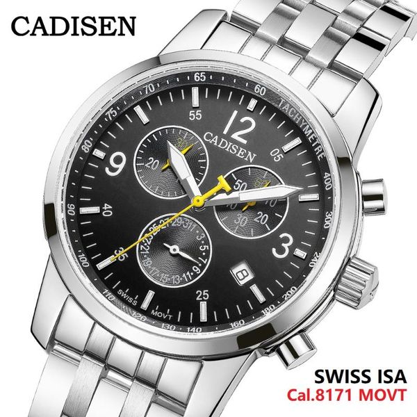 

wristwatches cadisen chronograph watches men stainless steel case swiss isa cal81 movement swimming waterproof brand 2021 wristwatch, Slivery;brown