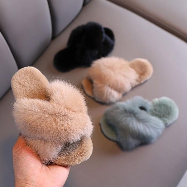 

slipper kids shoes for girl fur slippers cute outdoor furry girls fashion winter flip flops non-slip 17-23cm, Black;grey