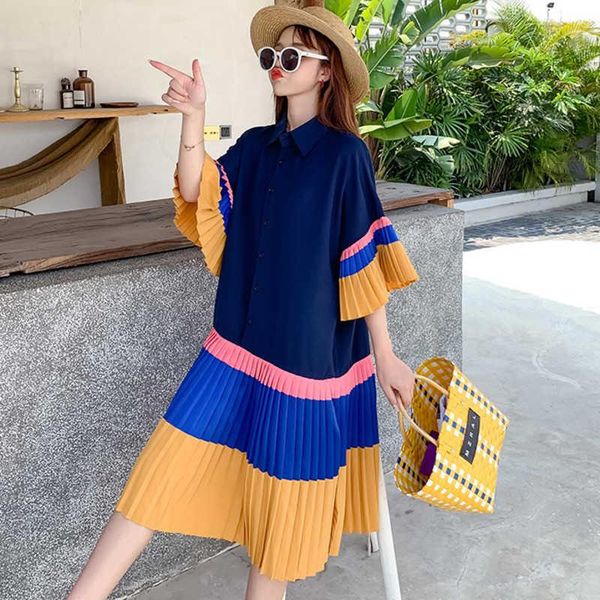 

casual dresses [ewq] patchwork buttoned pleated shirt dress korea flare sleeve summer 2021 sweet cute lady robe contrasting design, Black;gray