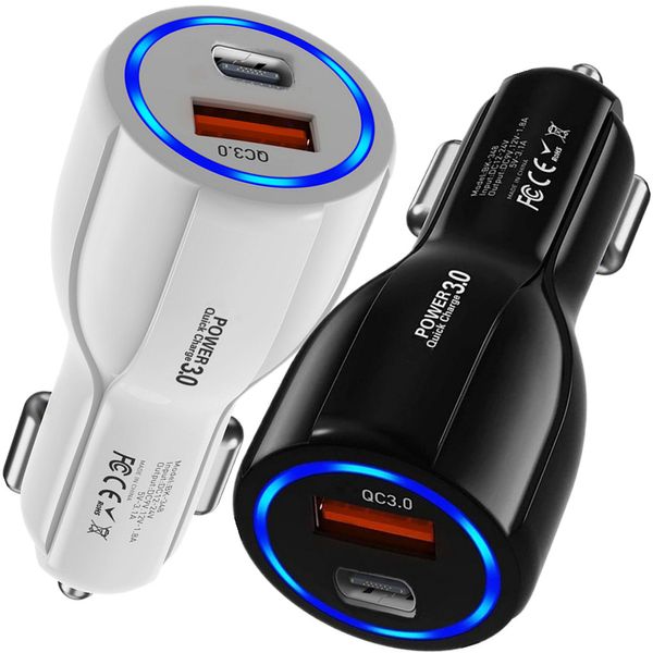 30W Rápido Carregamento rápido USB-C Carregador de carro PD QC3.0 Adaptador de energia automática 2ports para iPhone 12 13 14 Pro Max Samsung Tablet PC GPS com caixa