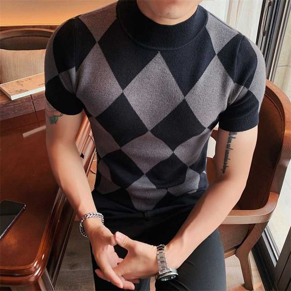 

british style autumn winter short sleeve sweater men clothing fashion diamond lattice turtleneck all match casual slim pullovers 211018, White;black