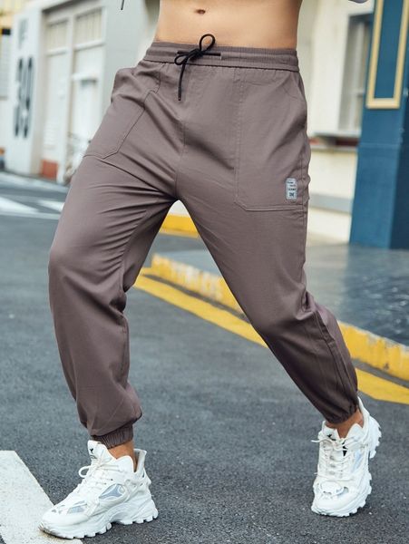 

men solid patched detail pants h6c9#, Black