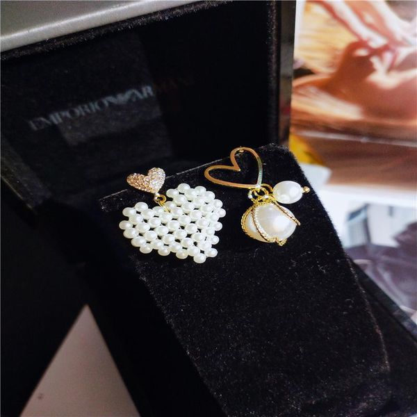 

stud romantic asymmetry heart cubic zirconia earrings for women wedding engagement 2021 trend pearl jewelry accessories, Golden;silver