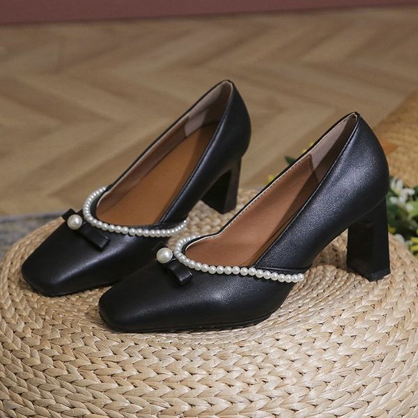 

sandals retro square toe mary janes pumps shoes women med heel office summer spring leather heels wp9y, Black