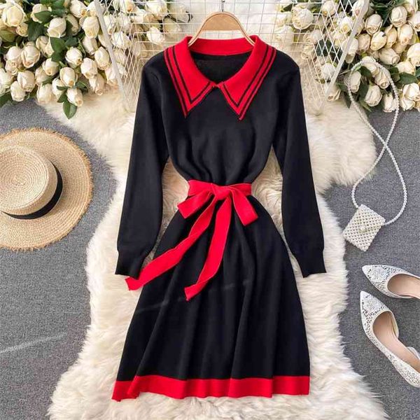 

lady fashion knitted sweater dress women autumn and winter lapel slim retro casual vestidos q520 210527, Black;gray