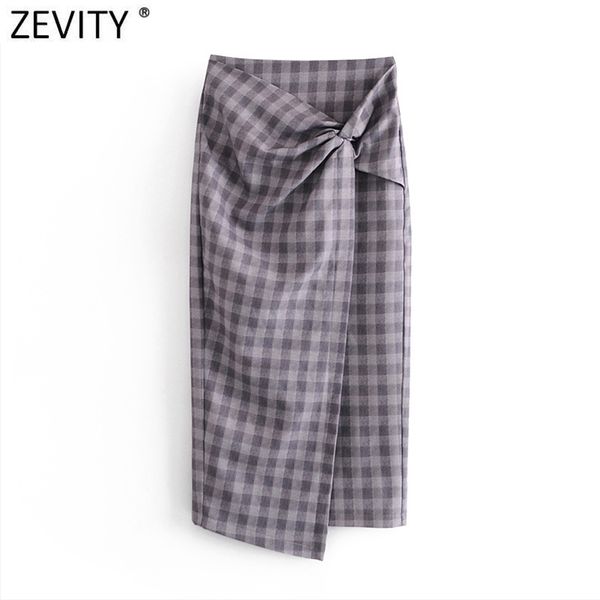 

women vintage plaid print knotted draped a line skirt faldas mujer female split vestido back zipper slim skirts qun718 210416, Black