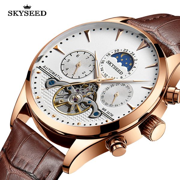 

tiandai watch business leisure flywheel hollowed out daydate sunday dial belt 41mm men's automatic mechanical watch, Slivery;brown