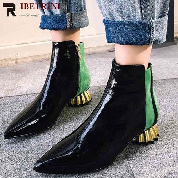 

boots patent cow leather shoes women boots mixed colors autumn low strange heels pointed ankle woman, Black
