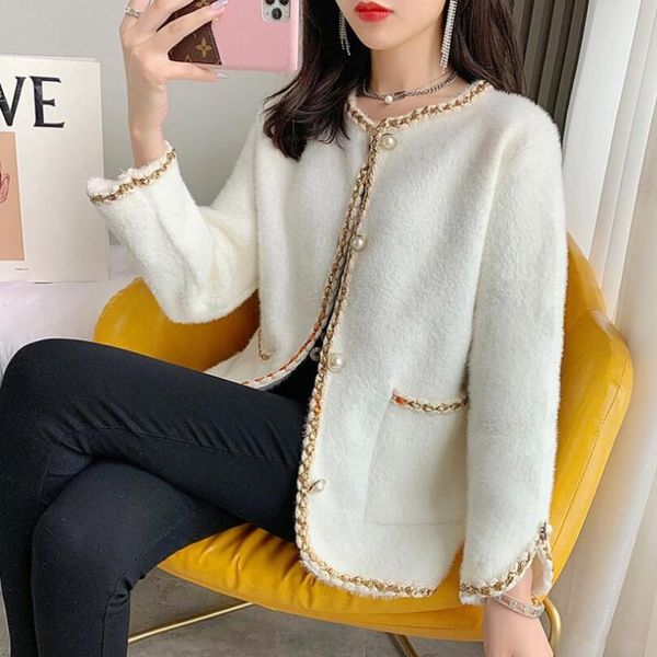 

women's jackets 2021 mink cashmere loose sweater cardigan jacket women autumn winter short bright silk stripe thickened knitted coat w2, Black;brown