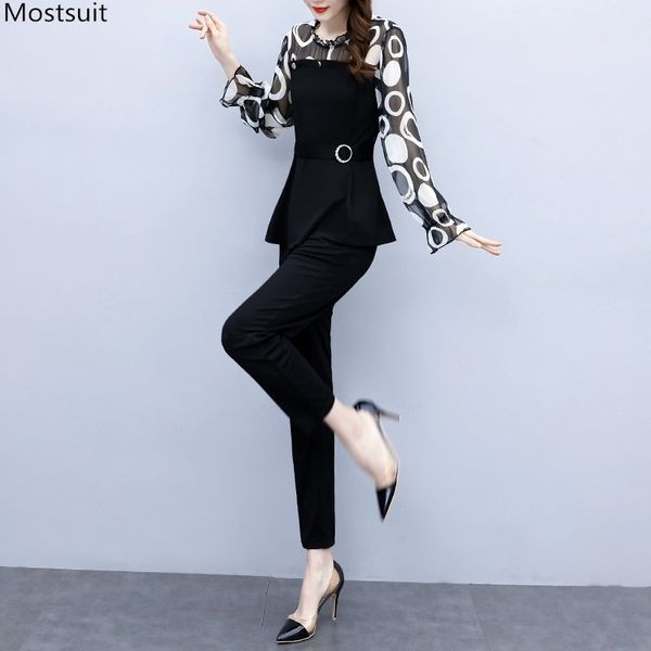 

spring women two piece set elegant plus size lace patchwork long sleeve o-neck and elastic waist pants outfits korean 210518, White