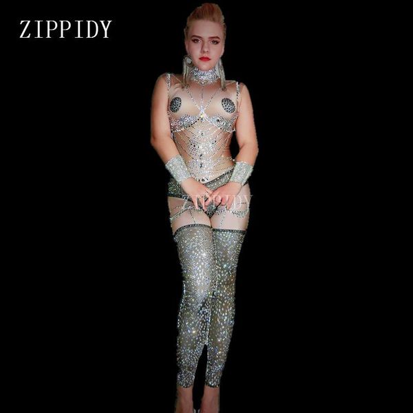 

women's jumpsuits & rompers bling silver rhinestones jumpsuit nude sleeveless bodysuit nightclub dj female singer wear birthday bar dan, Black;white