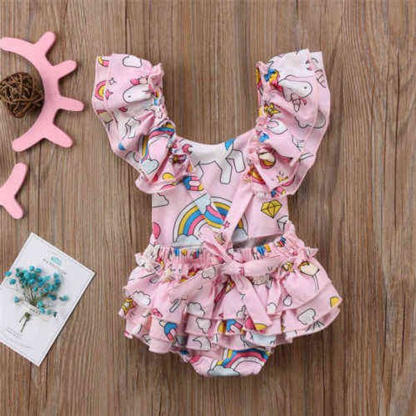 Zomer pasgeboren baby meisjes kleding backless cartoon eenhoorn print mouwloze romper jumpsuit outfits set G220223