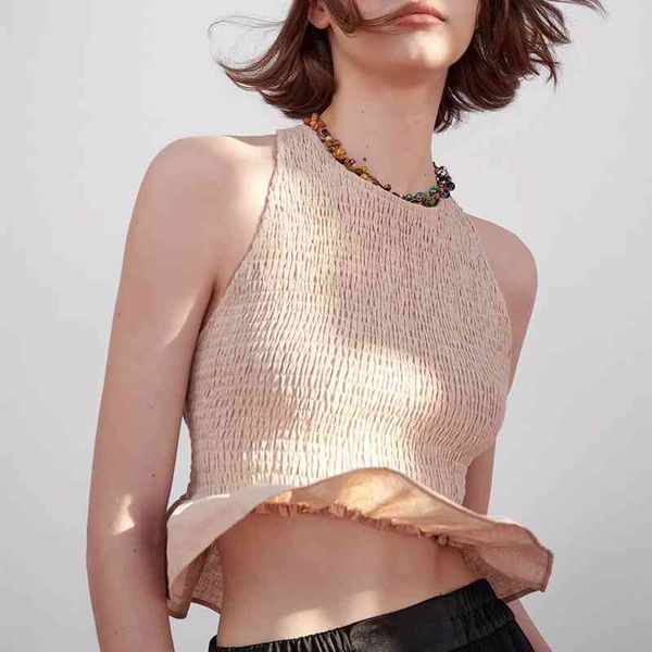 

za summer women bandage blouse solid sleeveless shirt casual ruffles o-neck short ladies fashion backless ropa 210422, White