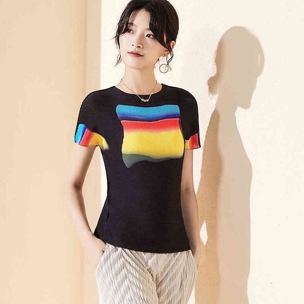

knits miyake fashion fold print short-sleeve turtleneck t-shirt, White