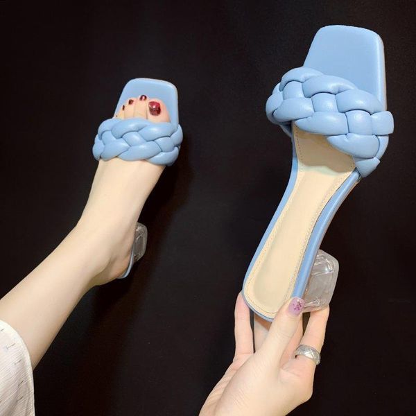 

slippers sandals women's summer 2021 net red square head middle heel korean, Black