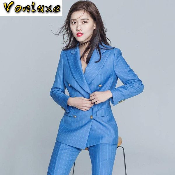 

spring autumn winter women suits office sets blue striped notched blazer jacket two piece pant suit ladies work wear female women's pan, White